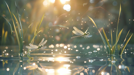 Delicate dragonflies darting over a shimmering pond surface