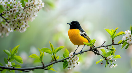 Black and yellow bird on green branch