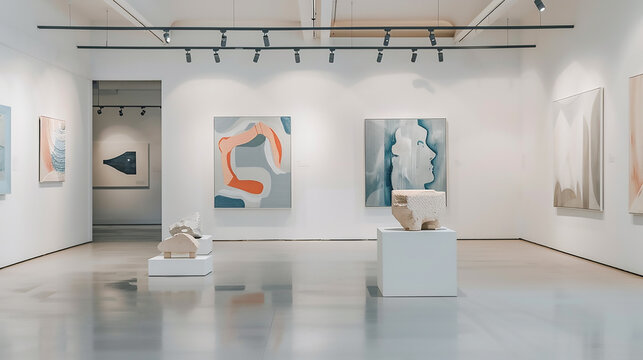 Canvas paintings and plastic models presented in an art gallery, against a clean, white background, emphasizing the purity and simplicity of the art.