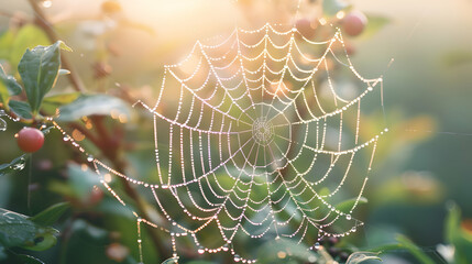 Dew-kissed spiderweb glistening in the early morning mist - obrazy, fototapety, plakaty