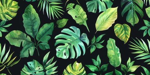 A painting featuring vibrant green leaves set against a stark black background, creating a striking contrast and emphasizing the beauty of nature.