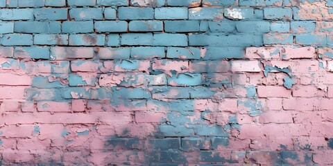 Covered in Faded Blue and Pink Paint Marks, a Worn-Out Brick Wall. Concept Painted Brick Wall, Faded Colors, Textured Background, Weathered Wall, Urban Decay