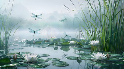 Dragonflies darting over a pond surrounded by water lilies and reeds - Powered by Adobe
