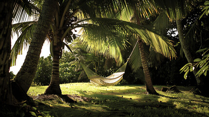 A lone hammock strung between two palm trees, swaying gently in the summer breeze - obrazy, fototapety, plakaty