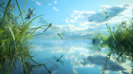 Dragonflies hovering over a tranquil pond reflecting the azure sky - obrazy, fototapety, plakaty