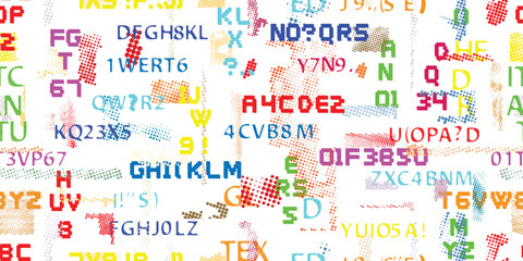 Glitch distorted abstract words . Seamless pattern texture. Pixel fonts .Screen print endless pattern texture