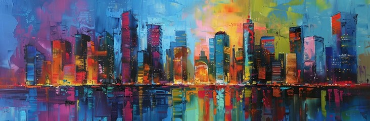 A colorful cityscape painting featuring bright hues and lively architecture.