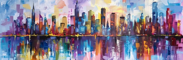 Painting of a cityscape reflected in the water, showcasing tall buildings, a vibrant skyline, and a mirror-like reflection.