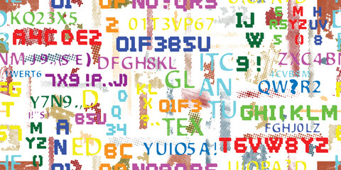 Glitch distorted abstract words . Seamless pattern texture. Pixel fonts .Screen print endless pattern texture