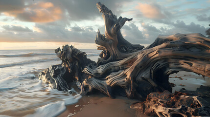 Driftwood sculpted into intricate shapes by the tide