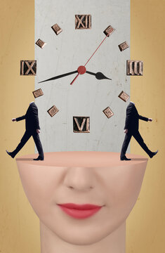 Collage with a headless men and head of a woman