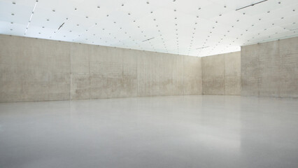 Empty room with concrete walls and illuminated ceiling. The floor is grey and ceiling is made of...