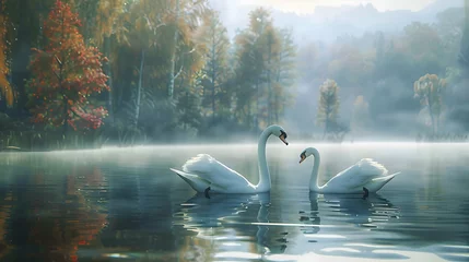 Zelfklevend Fotobehang Elegant swans gliding gracefully across tranquil lake waters © Muhammad