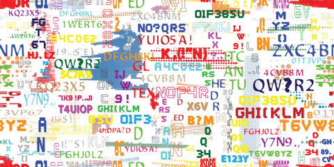 Glitch distorted abstract words . Seamless pattern texture. Pixel fonts .Screen print endless pattern texture