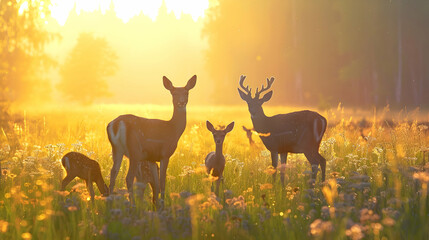 Family of deer grazing peacefully in meadow at dawn