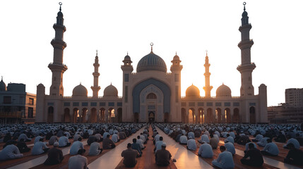Islamic worship in Friday mosque, Muslim praying in mosque, photo of devout Muslims, Eid Prayer or  Eid Salah on Eid ul fitr 2024 - obrazy, fototapety, plakaty