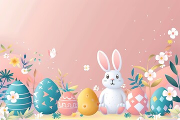 Illustration of decorated easter eggs with rabbit and flowers