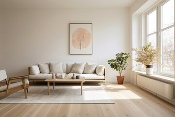 Pure white frame amidst beige and Scandinavian backdrop, offering a view of a modern living room with plain walls, wooden floor, and a potted plant.