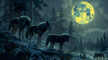 Fierce wolves on the hunt under the glow of a full moon