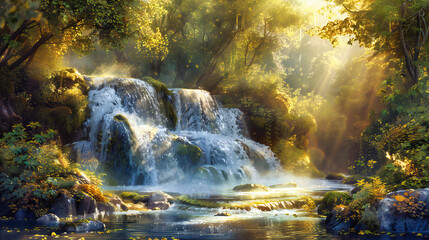 Serene Waters, A Waterfalls Gentle Flow, Natures Majestic Power in Harmony