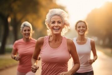 A senior woman and her friends are running for health in the morning sunrise at park.