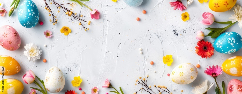 Poster easter border with colorful eggs and flowers on a white background generative ai