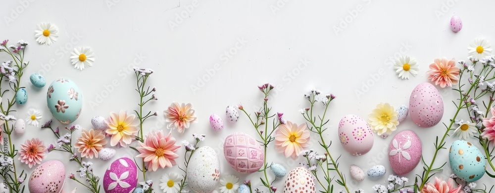 Poster easter eggs and pastel flowers border a white background in a flat lay top view copy space generativ