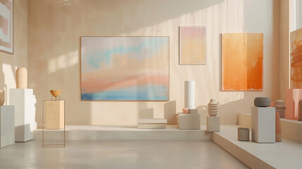 Various canvas paintings and plastic models exhibited in an art gallery, isolated on a soft, pastel background for a serene ambiance.