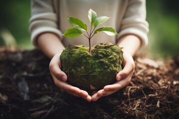 hands holding tree over blurred nature background