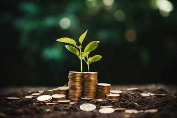 coins with money growing plant concept finance and banking. concept interest rates and dividends ,investment growth percentage and interest on deposits - obrazy, fototapety, plakaty