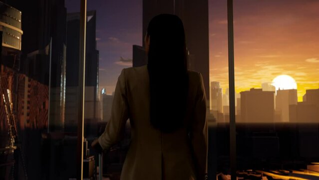 Asian Businesswoman With Suitcase Standing And Looking Out Of The Window On Big City With Skyscrapers At Sunset