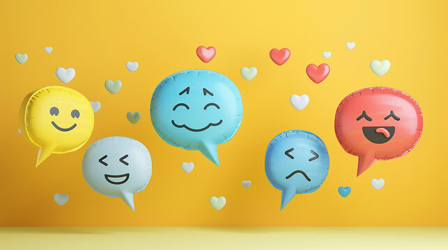 Various speech balloons with symbols and emojis, conveying a range of emotions, on a cheerful yellow background.