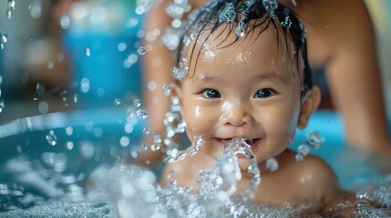 A baby is playing in the swimming pool, smiling and laughing. The water splashed everywhere