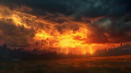 Lightning strikes a distant hill, setting the sky ablaze