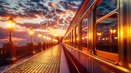 Fototapeta premium Journey on Tracks, Railway Adventures Beckon, Sunset Hues Illuminate the Path