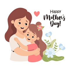 Cute woman mother brunette with her daughter. Happy mothers day postcard. Vector illustration in flat cartoon style.