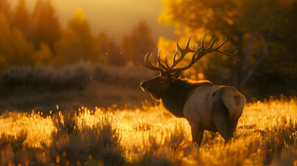 Magnificent elk bugling in the golden light of sunset