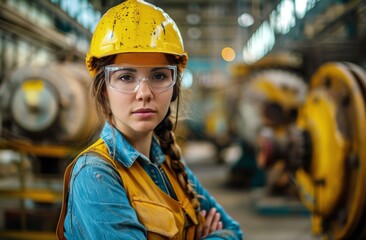 Woman Wearing Hard Hat and Safety Glasses - obrazy, fototapety, plakaty