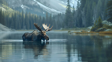 Majestic moose wading through calm waters of a mountain lake