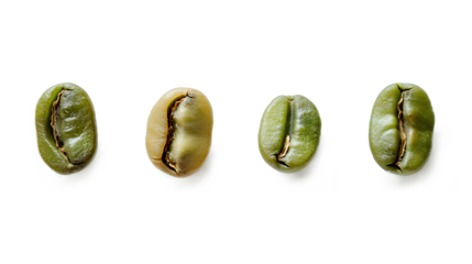 Coffee beans with green edges and split beans isolated on a transparent background