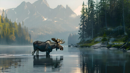 Majestic moose wading through calm waters of a mountain lake
