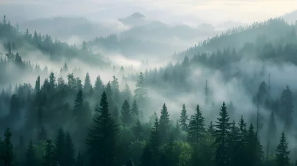 Foto op Plexiglas Misty valleys shrouded in early morning haze amid pine forests © Muhammad