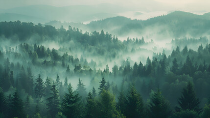 Misty valleys shrouded in early morning haze amid pine forests - obrazy, fototapety, plakaty