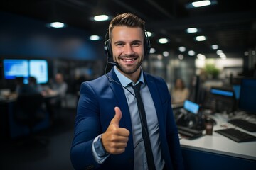 Young friendly operator agent with headsets working in a call centre. - obrazy, fototapety, plakaty