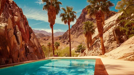 Abwaschbare Fototapete  a hidden luxury oasis in the desert A turquoise pool nestled amidst red rocks reflects the azure sky © boti1985