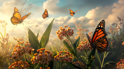 Monarch butterflies resting on a swaying milkweed plant - obrazy, fototapety, plakaty