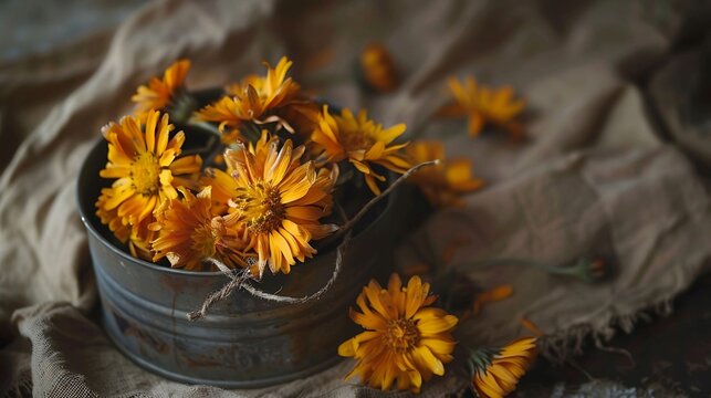 a bundle of dried calendula flowers nestled in a vintage tin
