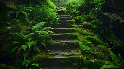 Moss-covered stone steps leading through a verdant fern grotto - obrazy, fototapety, plakaty