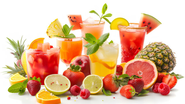 Colorful cocktails adorned with fresh fruits isolated on a white background