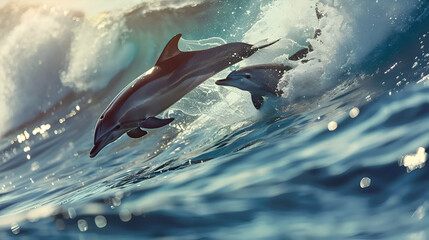 Playful dolphins leaping through crystal-clear waves offshore